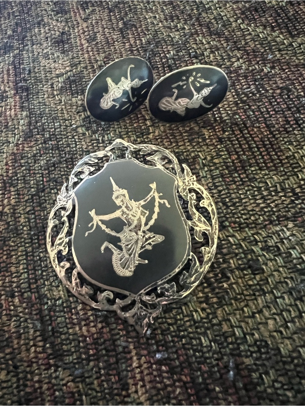 Vintage Sterling Siam Brooch & Earrings